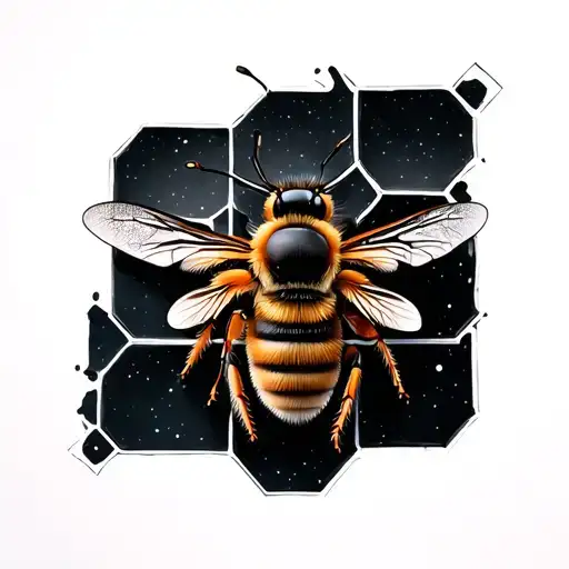 Detailed Bee In The Middle Of 7 Large Honeycomb Squares In Black And Grey
