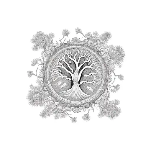 A Tree Of Life With Intricate Branch Patterns Surrounded By A Circle Made Of 3 Threads