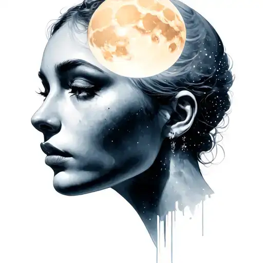 Woman's Upper Face Profile And Moon Rising