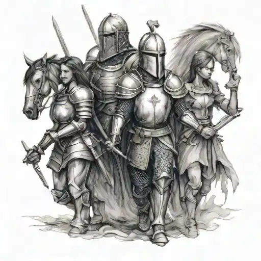 Knight Warrior With 2 Daughters Holding Hands
