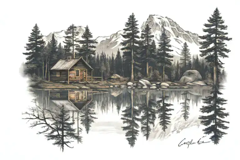 Realistic Cabin In The Woods With A Lake And Mountains In The Background
