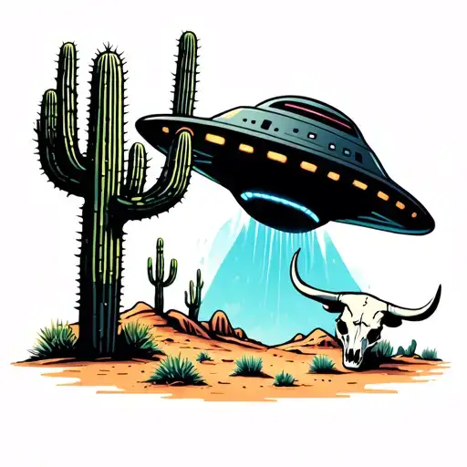 Simple Desert Landscape With Cactus Being Abducted By Ufo With A Bull Skull Next To The Cactus