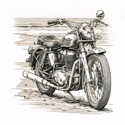 A Realism Tattoo Of A Vintage Motorcycle Parked On A Beach In Australia