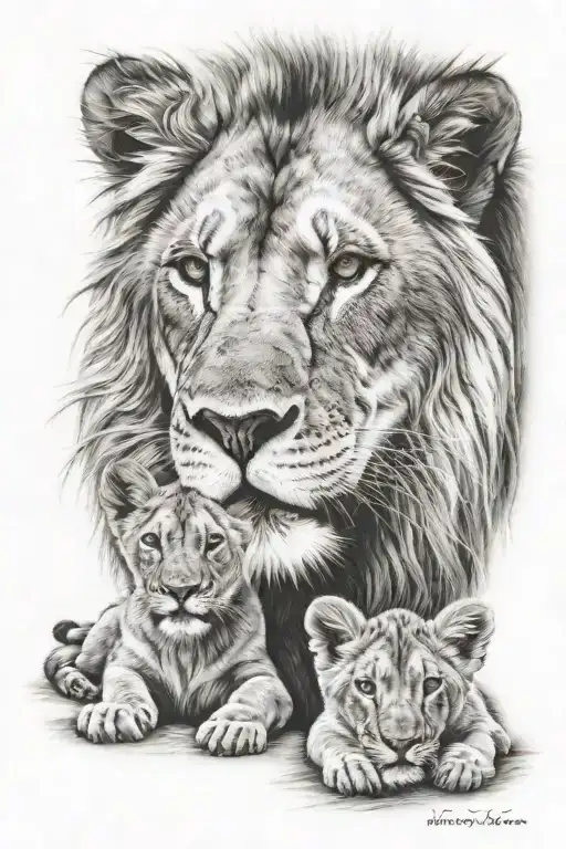 Lion And 2 Cubs Protective Father Wolf