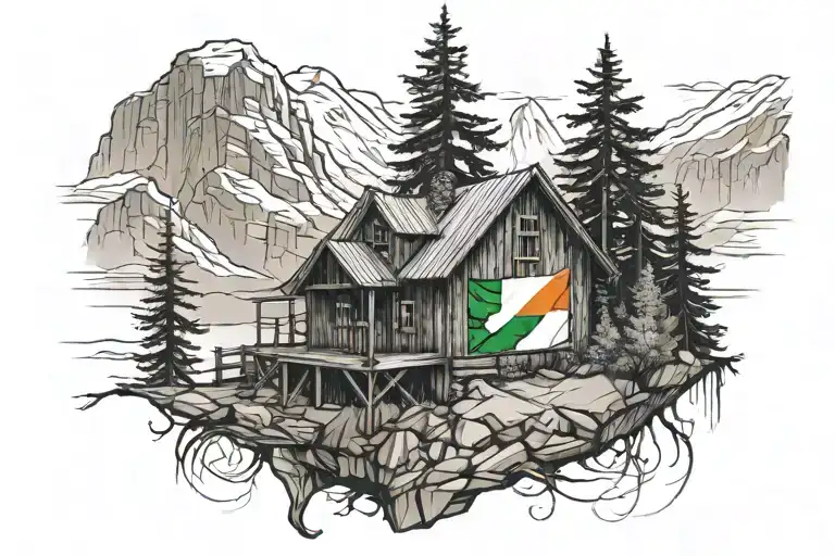 Shack With A Deck On A Mountain Landscape Flying The Irish Flag