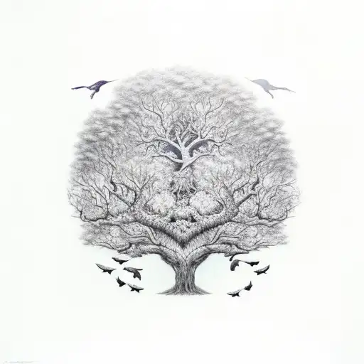 Williw Tree With Ravens And Hearts Tattoo