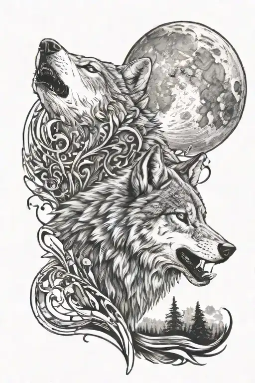 Music Notes And Wolf Howling At The Moon
