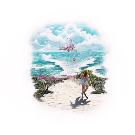 A Haven Scenic With Ocean And Girl Running Through Orchard