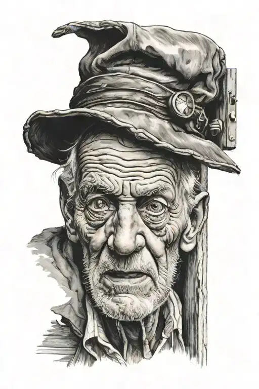 Portrait Of A Creepy Old Man With Empty Eye Sockets Looking Out From Behind The Door