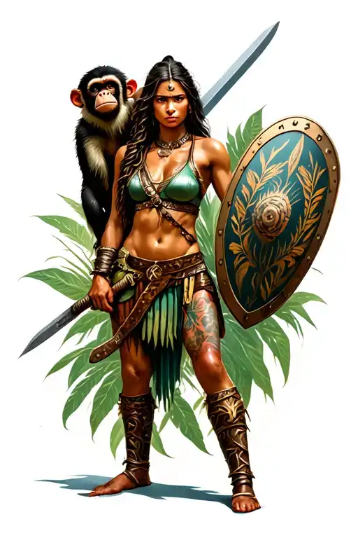 Amazonian Warrior Woman With Monkey On Shoulder Holding With Sword And Shield Jungle