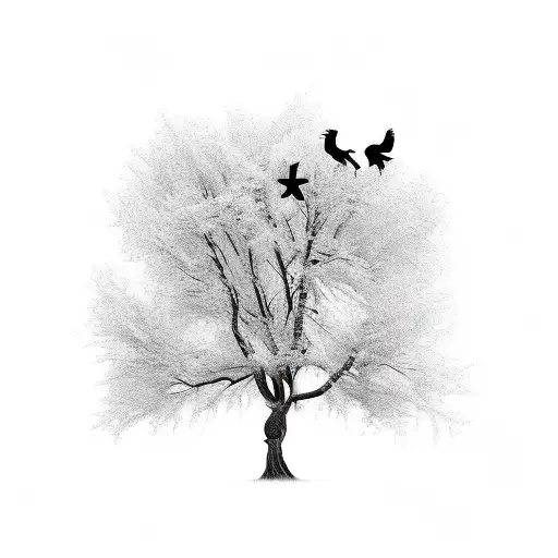 Willow Tree With Ravens And Hearts Tattoo