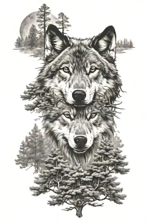 Wolf Head And Pine Trees