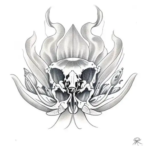 Raven's Skull Holding A Lily In It's Beak