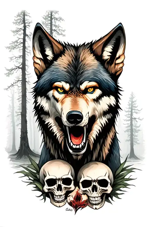 Angry Wolf With Skulls And A Forest Scene