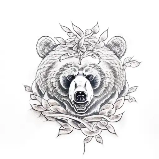 Realistic Bear Head And Snake With Rose Vines
