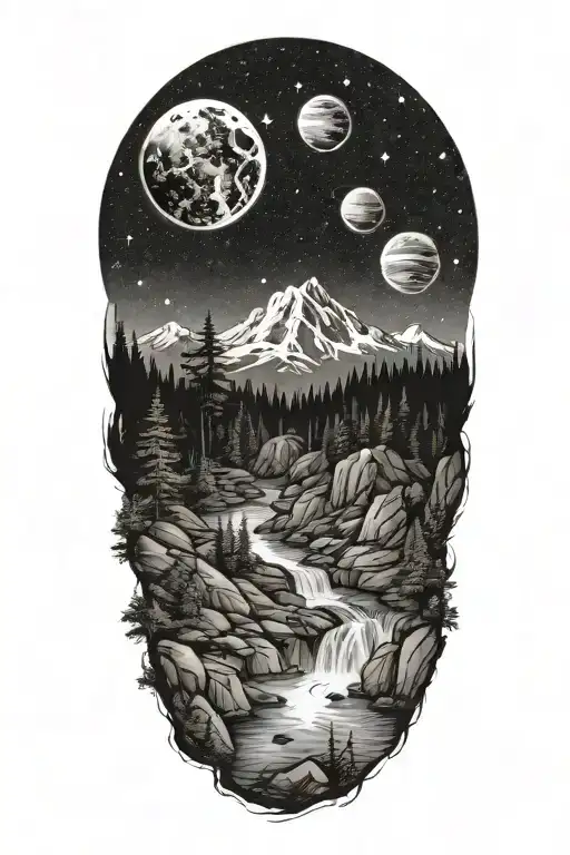 A Realistic Forested Mountain With A River Flowing Through And A Night Sky Of Planets And Stars