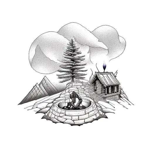 Mountain With Tree Sitting Man With Small Cabin And Bonfire With Motorcycle
