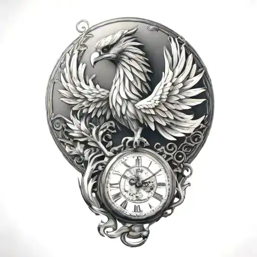 Phoenix Rising From A Camera Lens With 3 Pocket Watches