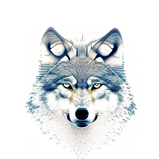 Wolf Head In Nothern Light Sky With Small Wolf Shilouettes Howling