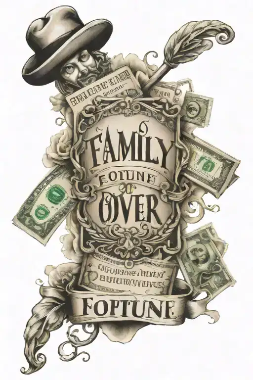 Family Over Fortune With Money Burning In The Back Ground Words