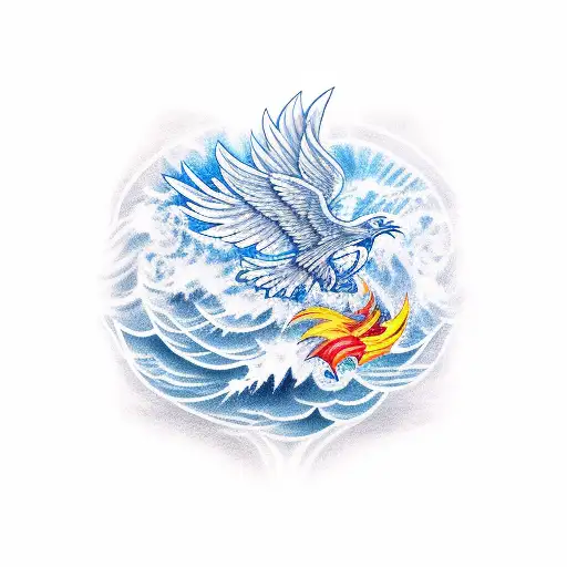 Navy Ship Sailing On Waves With A Phoenix Rising From The Water