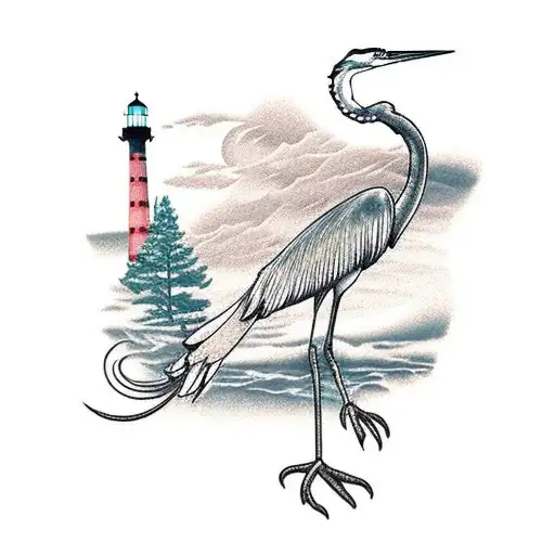 Leg Tattoo With Heron And Lighthouse
