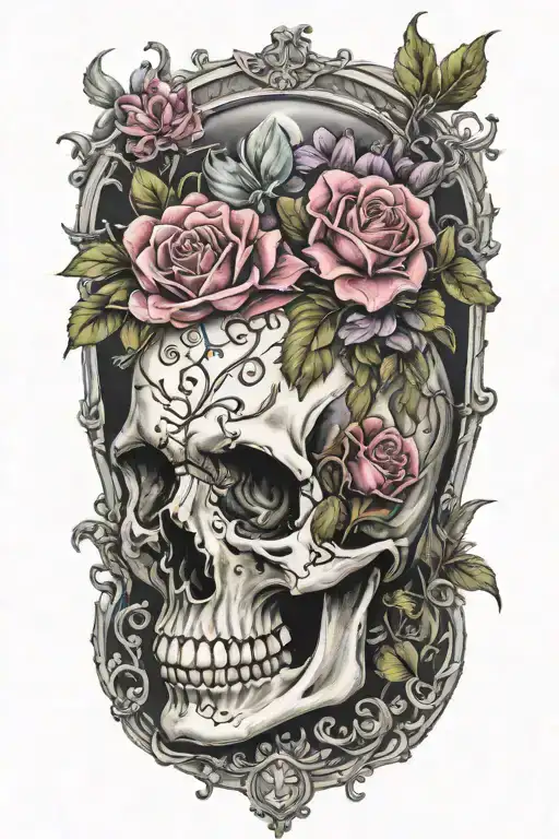 Flowers Growing Out Of A Skull With Hour Glass In One Eye