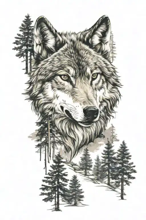 Wolf Head And Pine Trees