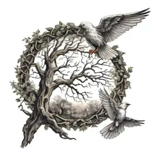 Angel And Tree Birds Flying