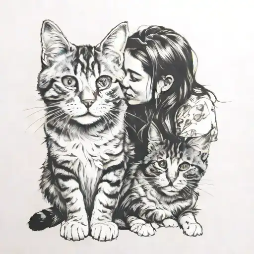 Cat And Girl Sitting