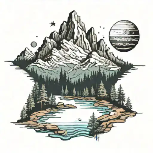 A Realistic Forested Mountain With A River Flowing Through And A Night Sky Of Planets And Stars