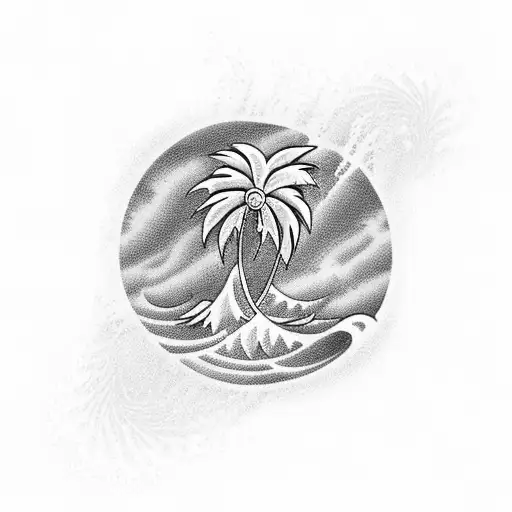 A Palm Tree Silhouette With Waves Crashing On The Shore