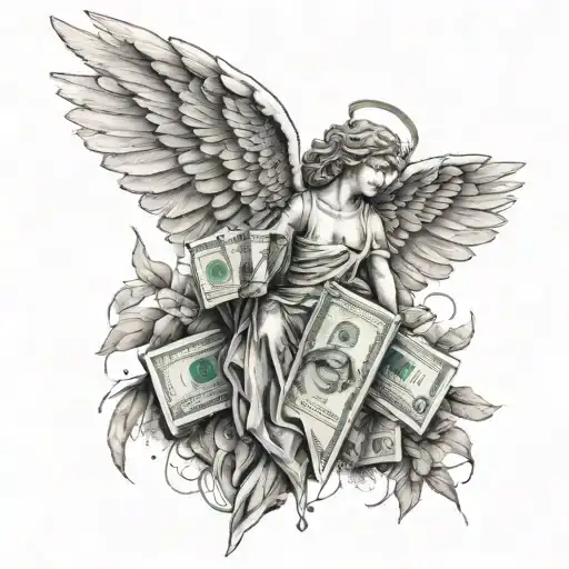 A Unique Tattoo Design Incorporating Elements Of Money And Angel Wings