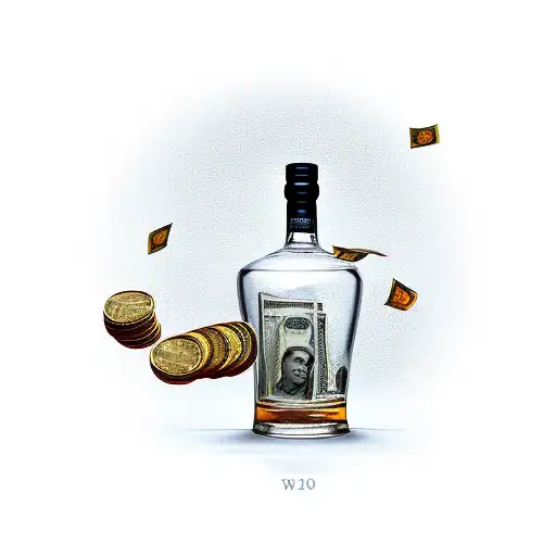 Whisky Bottle With A Stack Of Money Pouring Out Of It