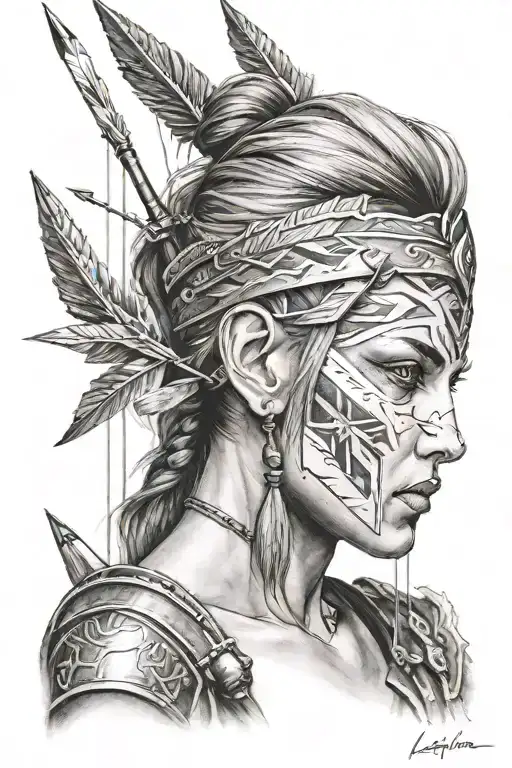 Realism Tattoo That Includes 3 Arrows Side By Side And A Female Warriors Face Black And Grey