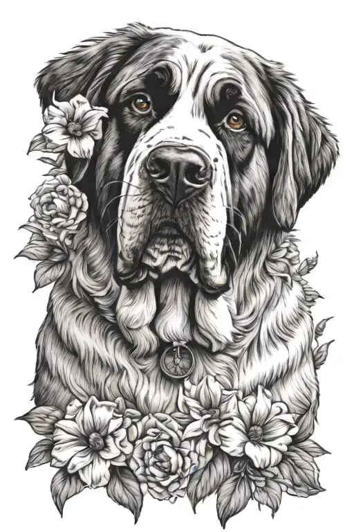 St Bernard Dog Sitting Facing Forward Male Flowers