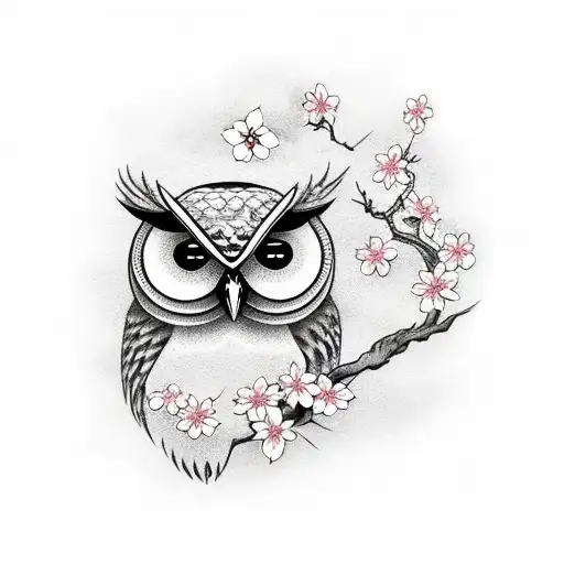 Owl With Cherry Blossom