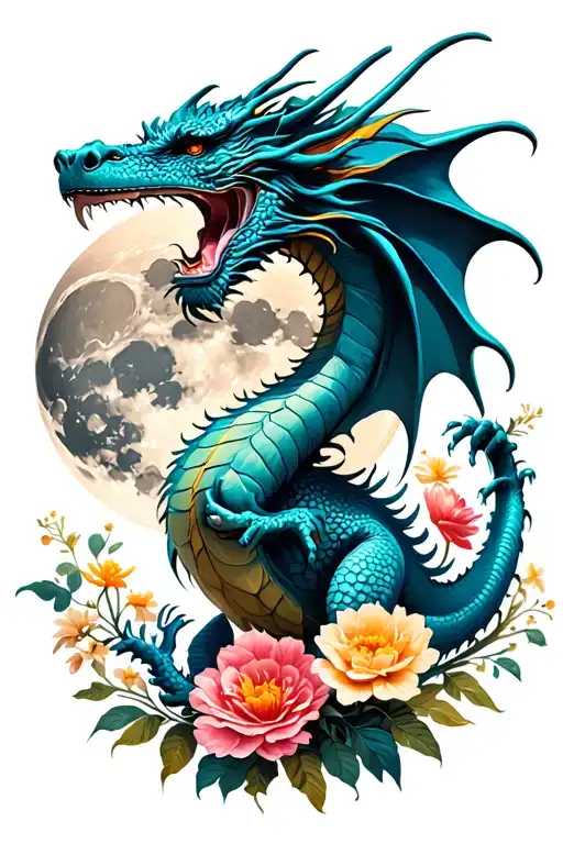 Dragon Standing On Flowers Looking At Moon