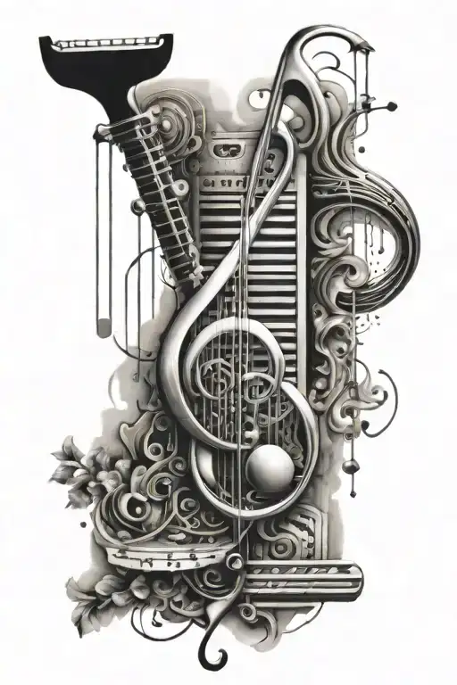 A Fusion Of Persian Music Notes And Binary Code Forming A Sleeve Tattoo Design