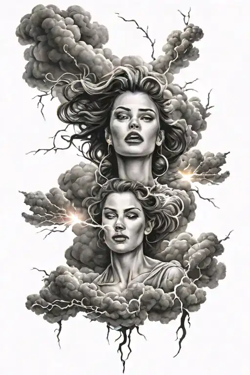 Beautiful Woman In Storm Clouds With Lightning