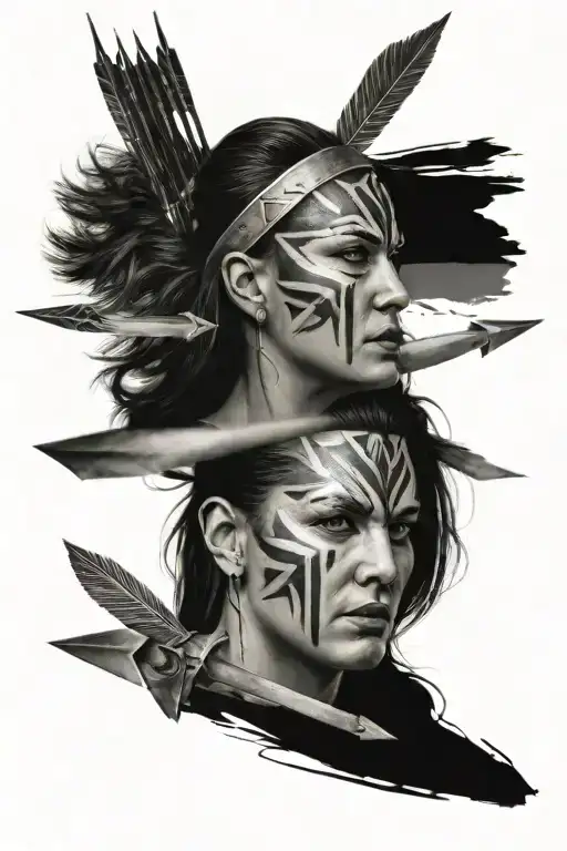 Realism Tattoo That Includes 3 Arrow Heads And A Female Warriors Face Black And Grey