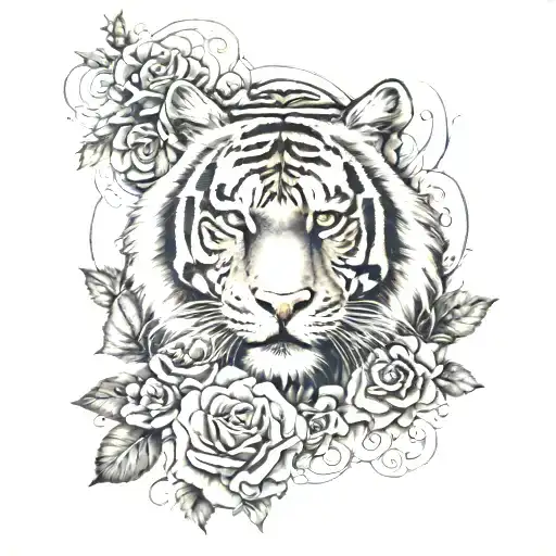 Tiger Combined With Tribal Type Ornaments And Realistic Roses