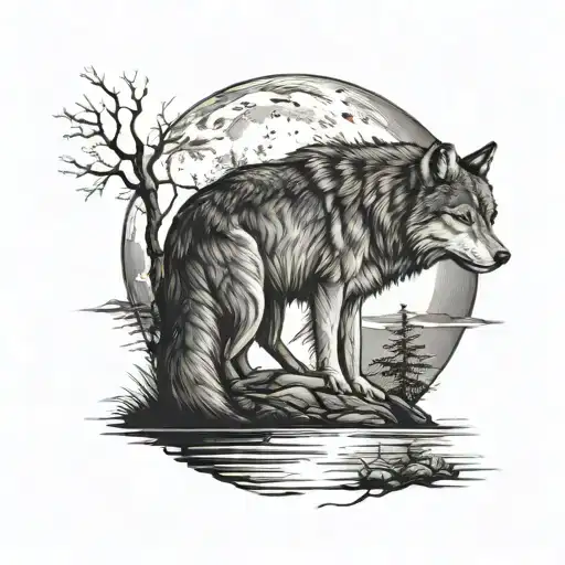 Moonlit Lake Howling Wolf Fairy Sitting By The Lake