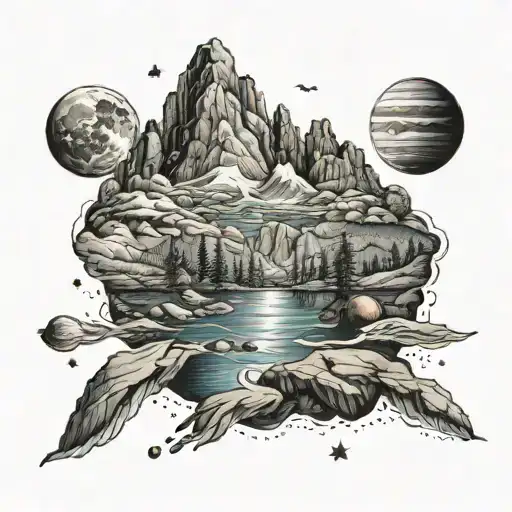 A Realistic Mountain Backdrop With A River Flowing Through And A Night Sky Of Planets And Stars