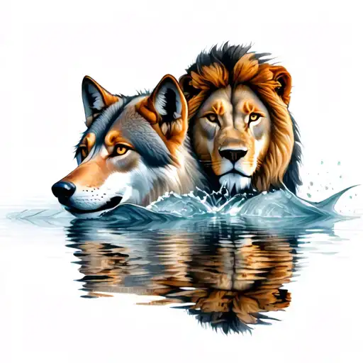 Wolf And Lion Reflection On Water