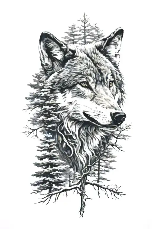 Wolf Head And Pine Trees