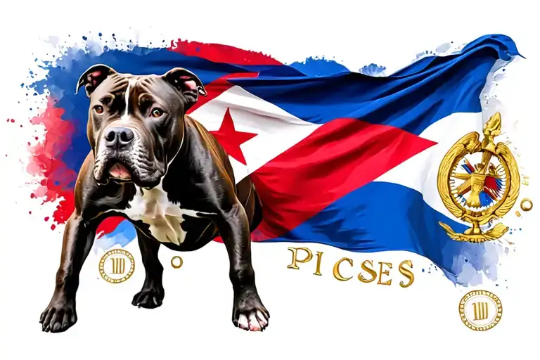 Pittbull With Cuban Flag Intertwined With Roman Numerals Floating Around & Picses Symbol