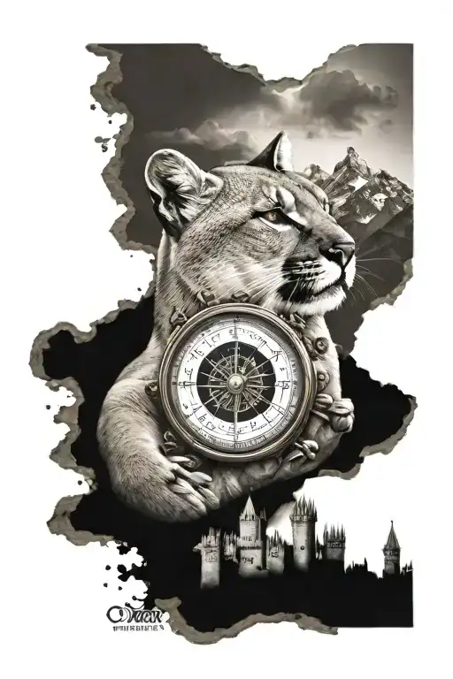 Compass Mountain Lion In Crown On Castle Background