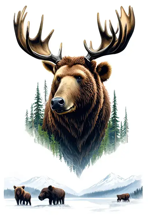 Alaska Scene With Moose And Grizzly Bear Head