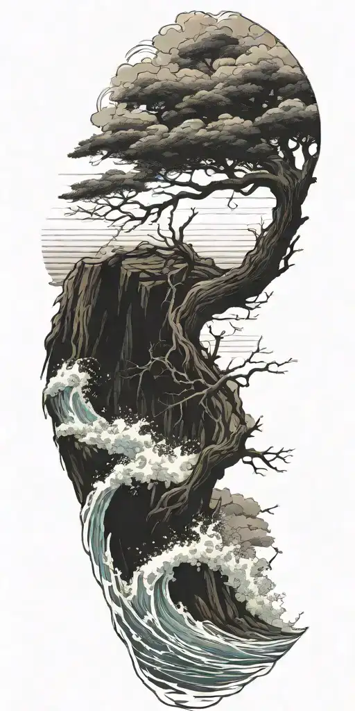 Stormy Seas Surrounding Tall Tree Winding Trunk Waves Crashing Deep Roots